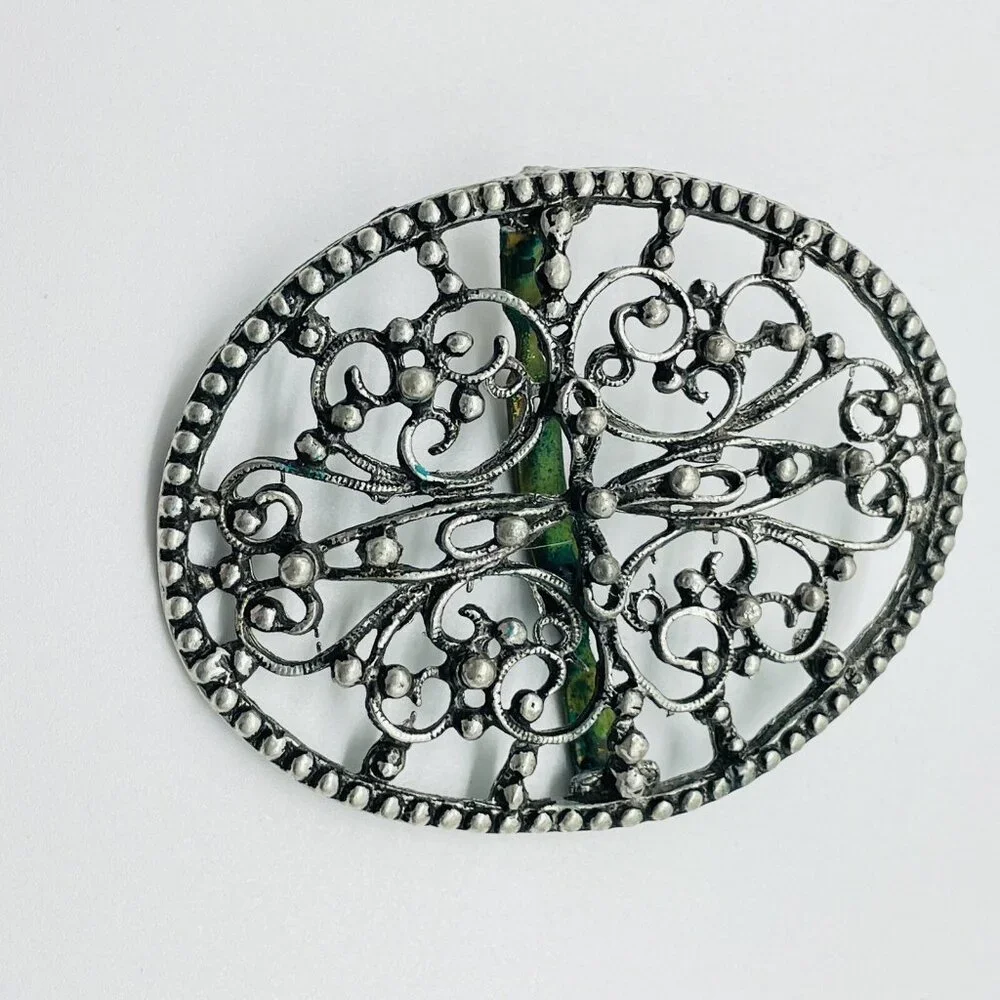 Vintage Belt Buckle Silver Tone Filigree Oval Western Scroll Design